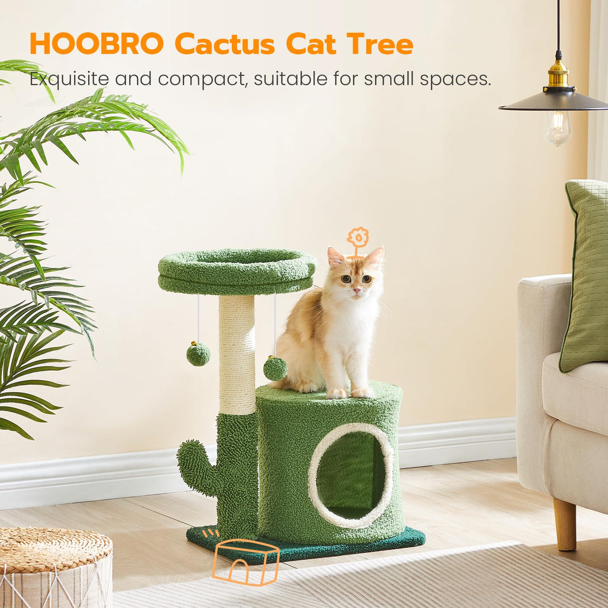 HOOBRO Cactus Cat Tree, Small Cat Tower for Indoor Cats, Cute Cat Tree for Kittens Under 8 LB, Green Cat Condo with Cat Scratching Post, Cat House with Dangling Bell Balls