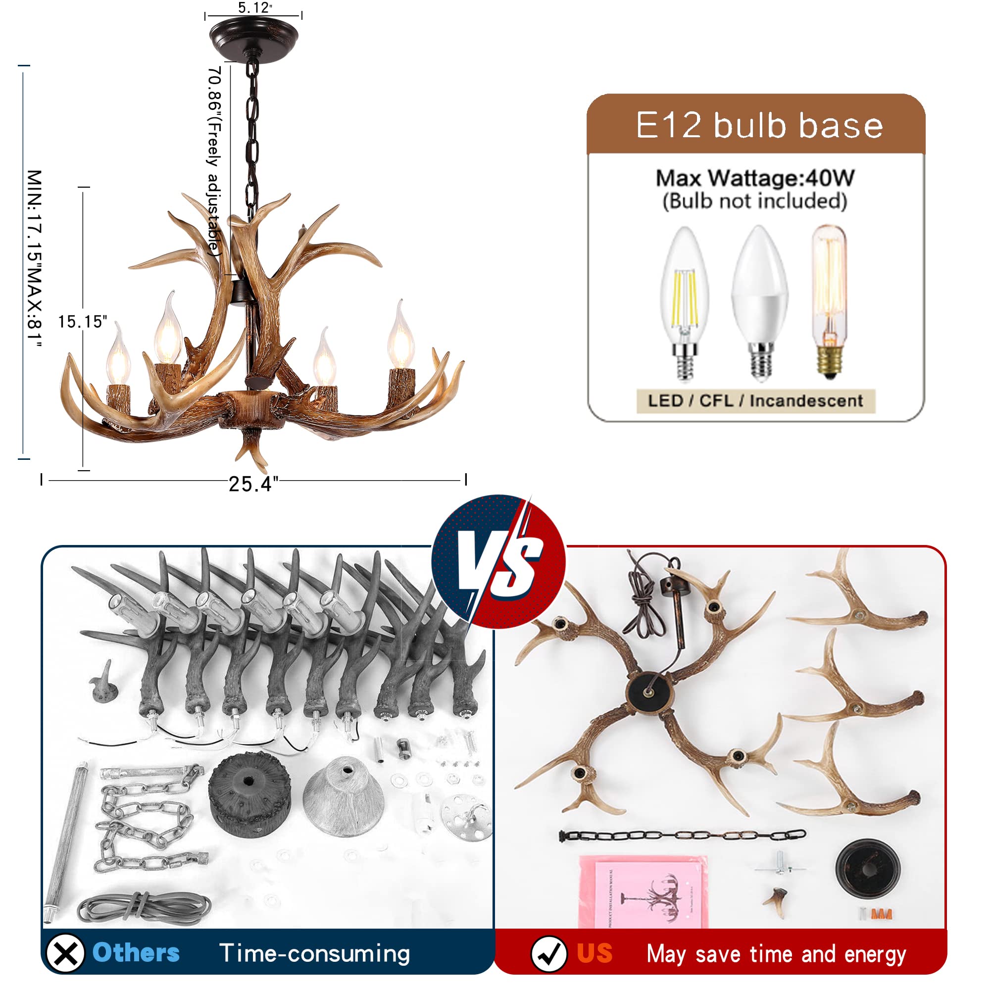 Antler Chandelier Lighting Deer Lamp Vintage Rustic Farmhouse