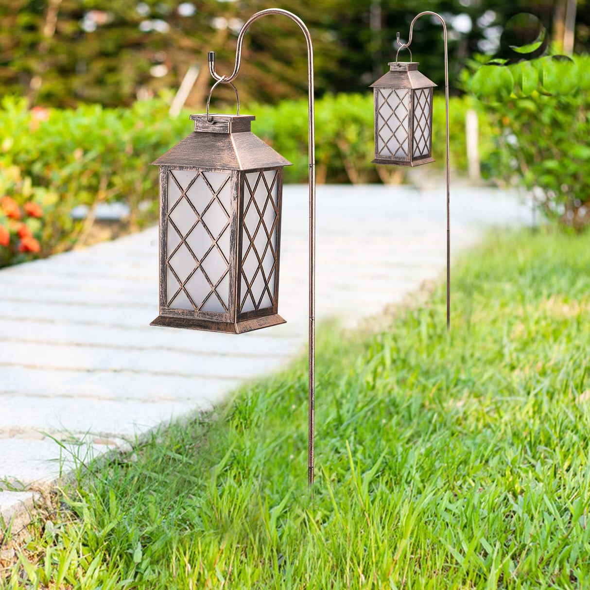 2Pack Solar Metal Hanging Lantern Flickering Candle with Shepherd Hook