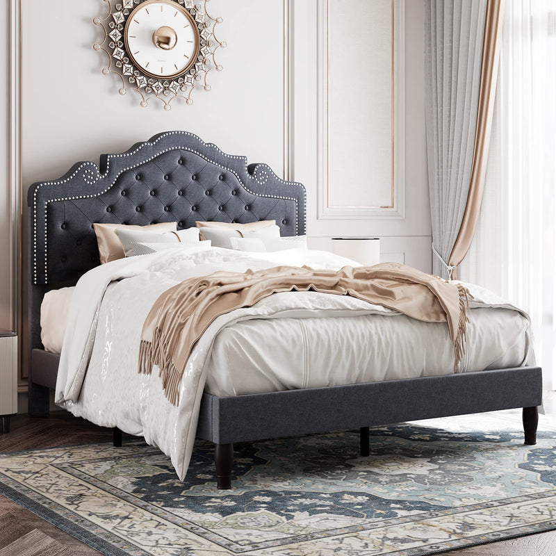 Queen Bed Frame with Adjustable Tiara Headboard, Fabric Upholstered Diamond Button Tufted
