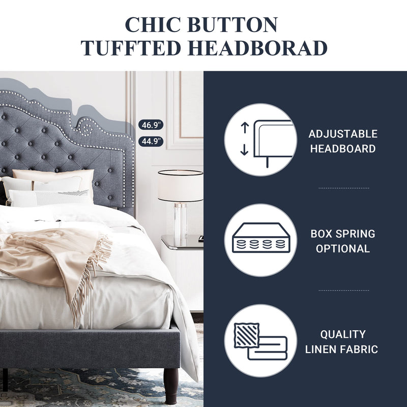 Queen Bed Frame with Adjustable Tiara Headboard, Fabric Upholstered Diamond Button Tufted
