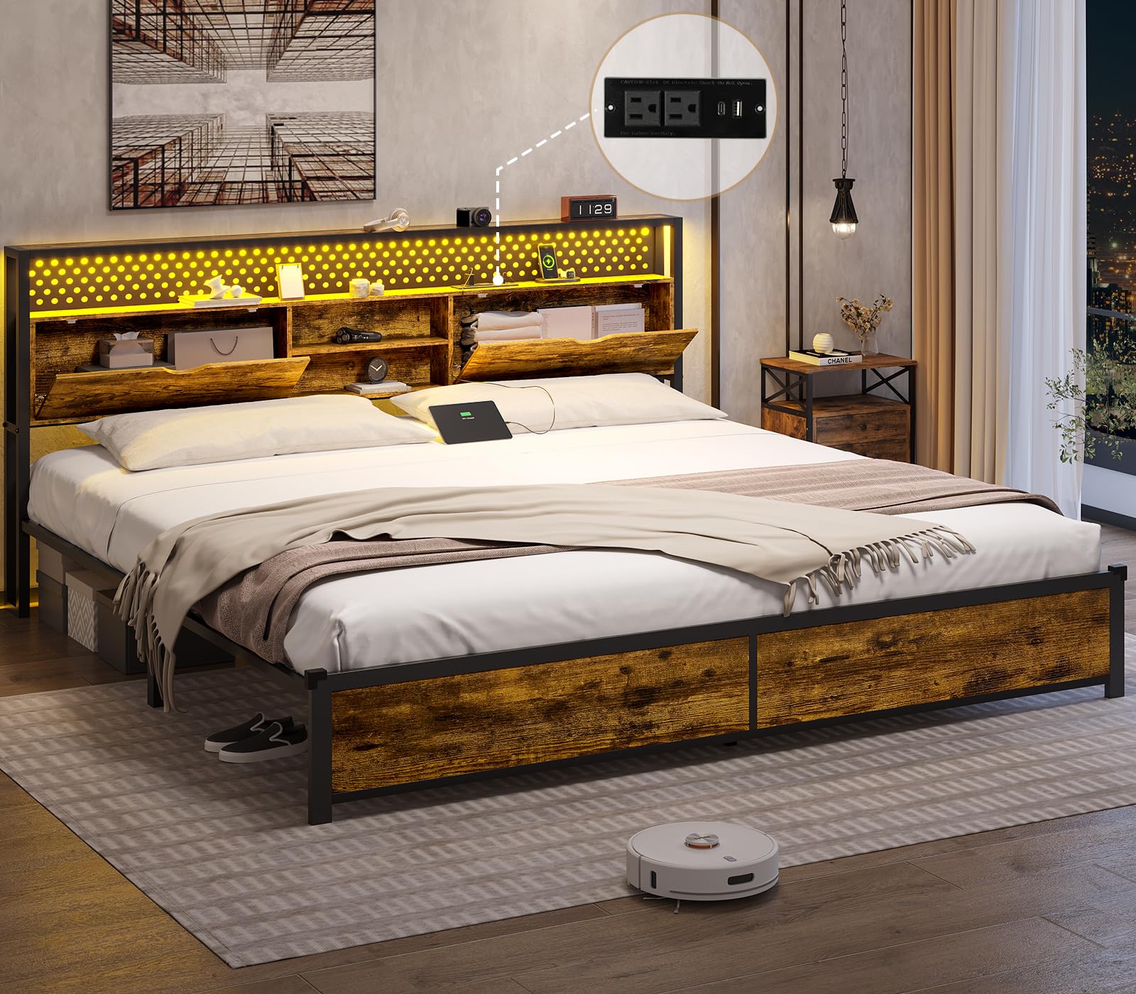 King Size Bed Frame with Storage & LED Light Headboard