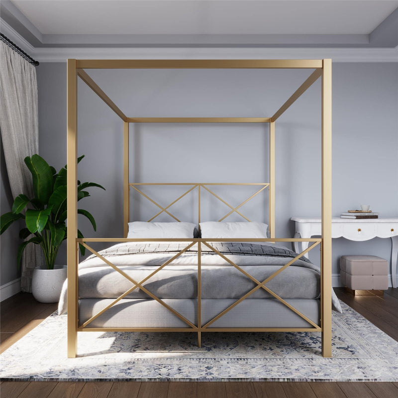 Rosedale Metal Canopy Bed Frame with Four Poster Design and Geometric Accented Headboard