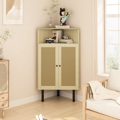 4-Tier Corner Cabinet with Doors & Shelves,Rattan Corner Bar Cabinet