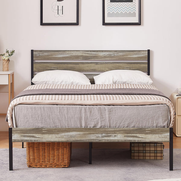 Platform Full Bed Frame with Rustic Vintage Wood Headboard and Footboard