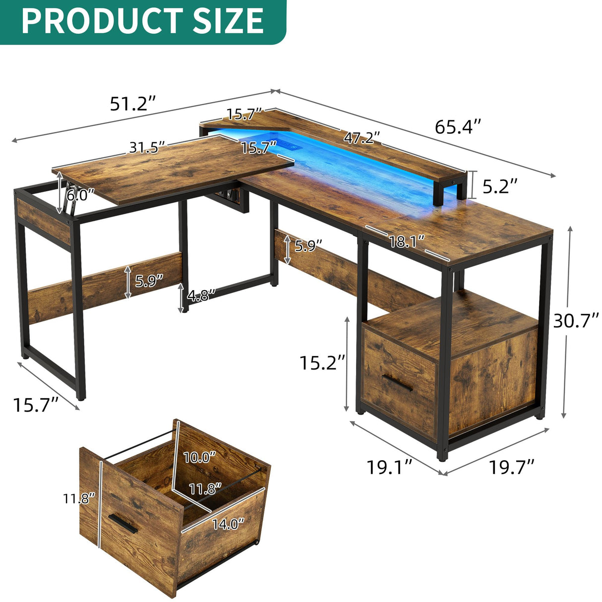 L Shaped Desk with Power Outlets & LED Lights