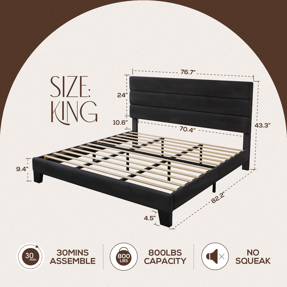 King Bed Frame Platform Bed with Velvet Upholstered Headboard