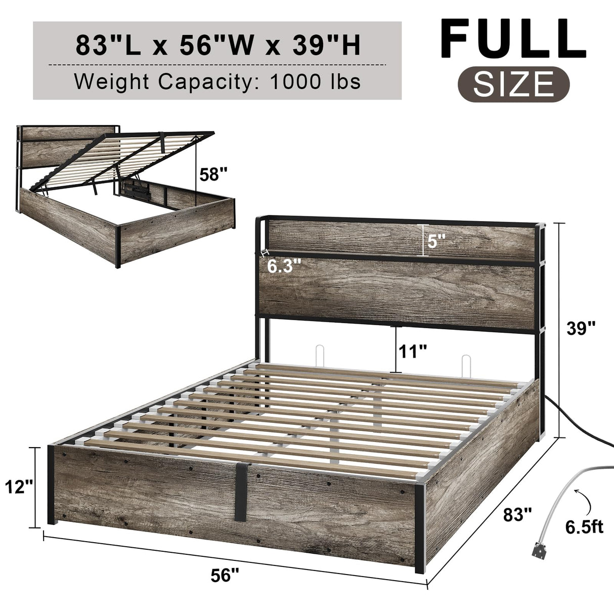 Wooden Platform Bed Frame with Lifting Storage & Charging Station