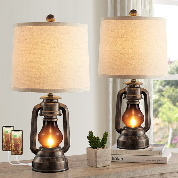 Farmhouse Lantern Table Lamps for Living Room Set of 2, Vintage Bedroom Resin Lamp