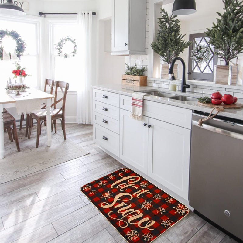 Christmas Kitchen Rug Sets 2 Piece Let It Snow Christmas Plaid Waterproof Non-Slip Kitchen Mats
