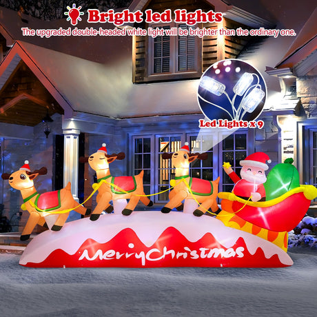 10 FT Long Chrismas Inflatable Santa Claus On Sleigh Pulled by 3