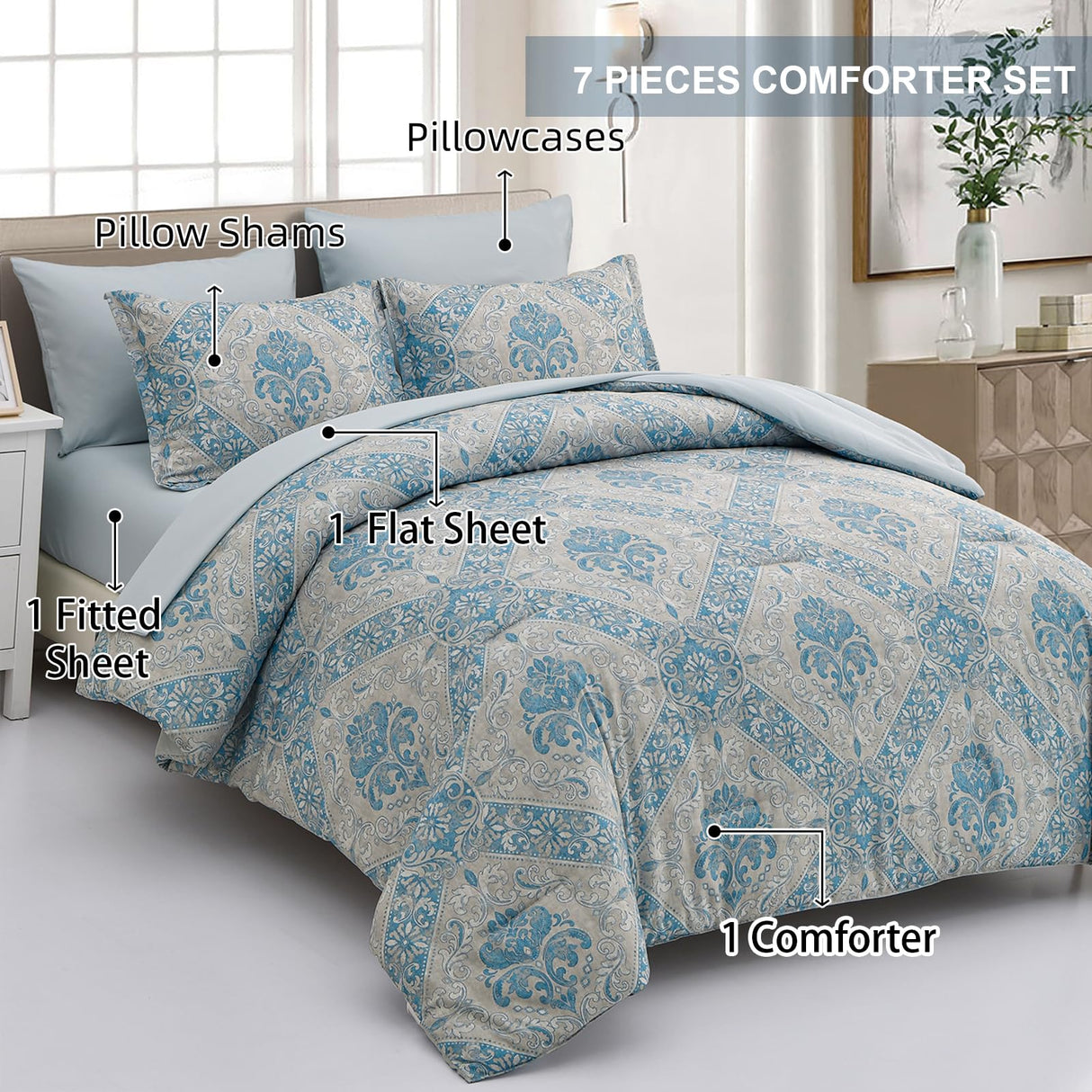 Blue Comforter Set  Damask Pattern Bed in a Bag Boho Paisley Bedding