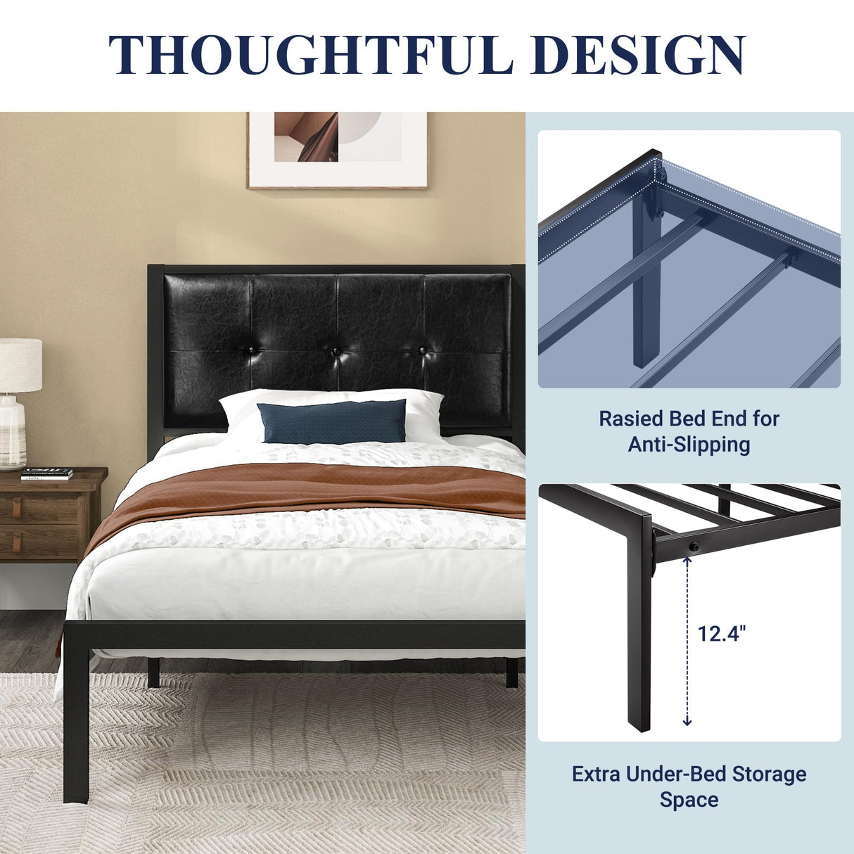 Twin Bed Frames with Faux Leather Headboard for Kids, Platform Bed Frame