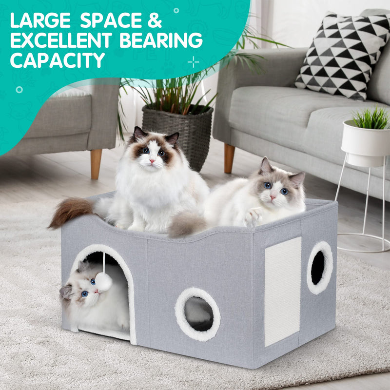 Cat House for Indoor Cats - Large Cat Bed Cave with Fluffy Ball and Scratch Pad