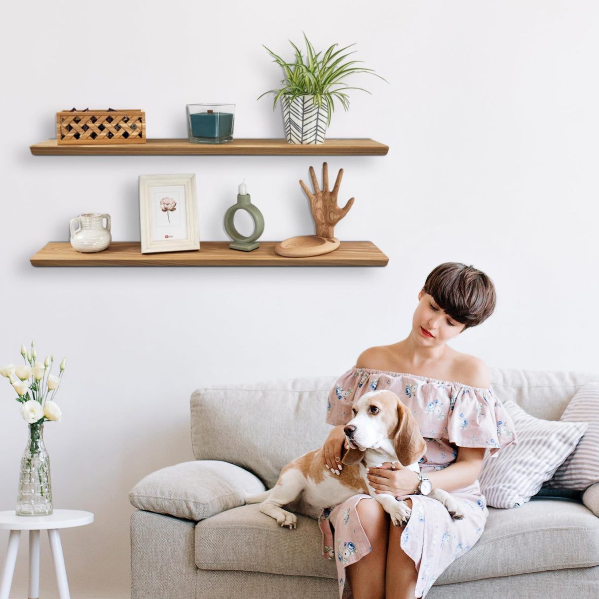 Floating Shelves Set of 2, Ash Wood Hanging Shelf with Invisible Brackets for Bathroom