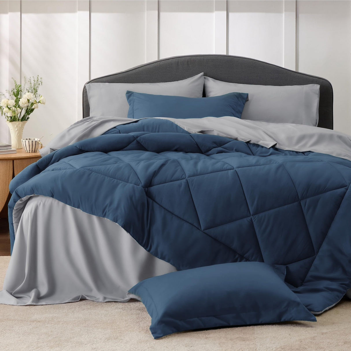 Navy Comforter Set King - 7 Pieces Reversible King Navy Bed in a Bag