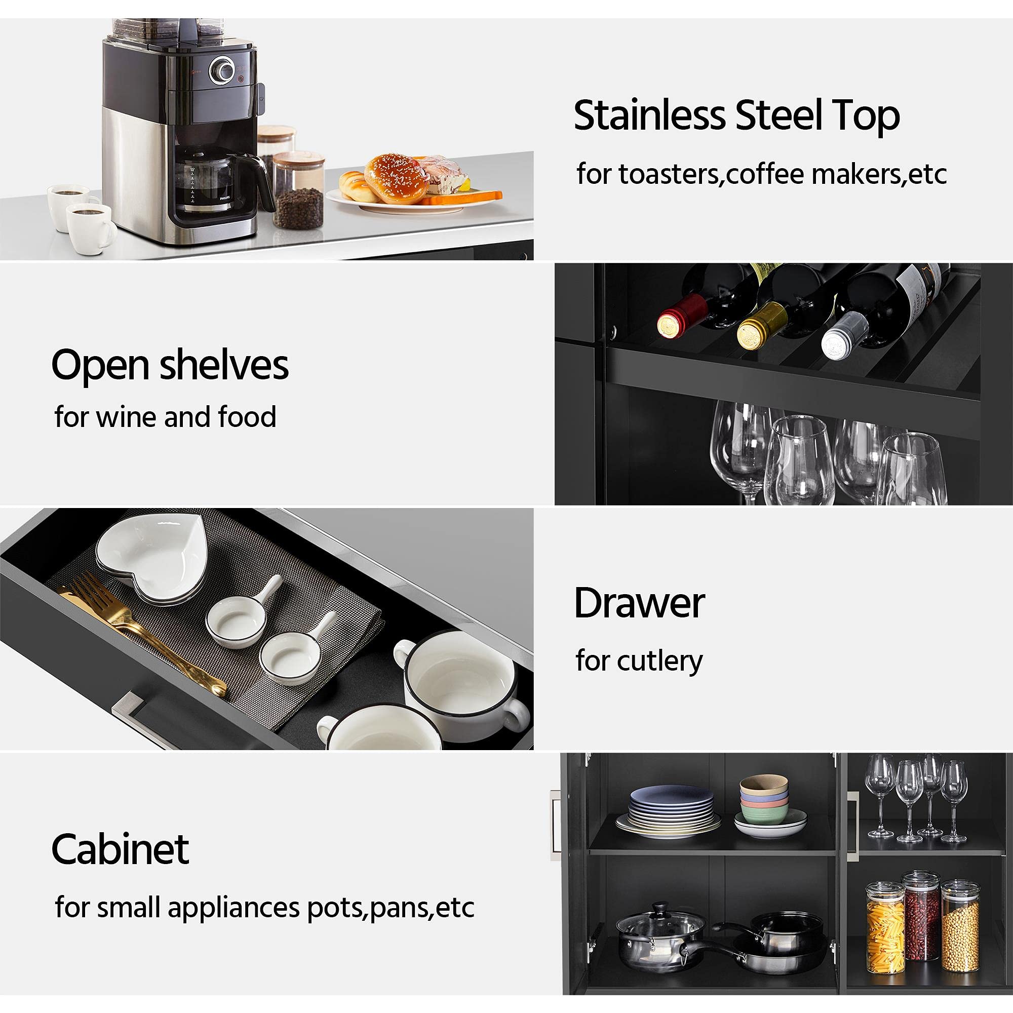 Kitchen Cart with Stainless Steel Top and Storage Cabinet, Kitchen Island