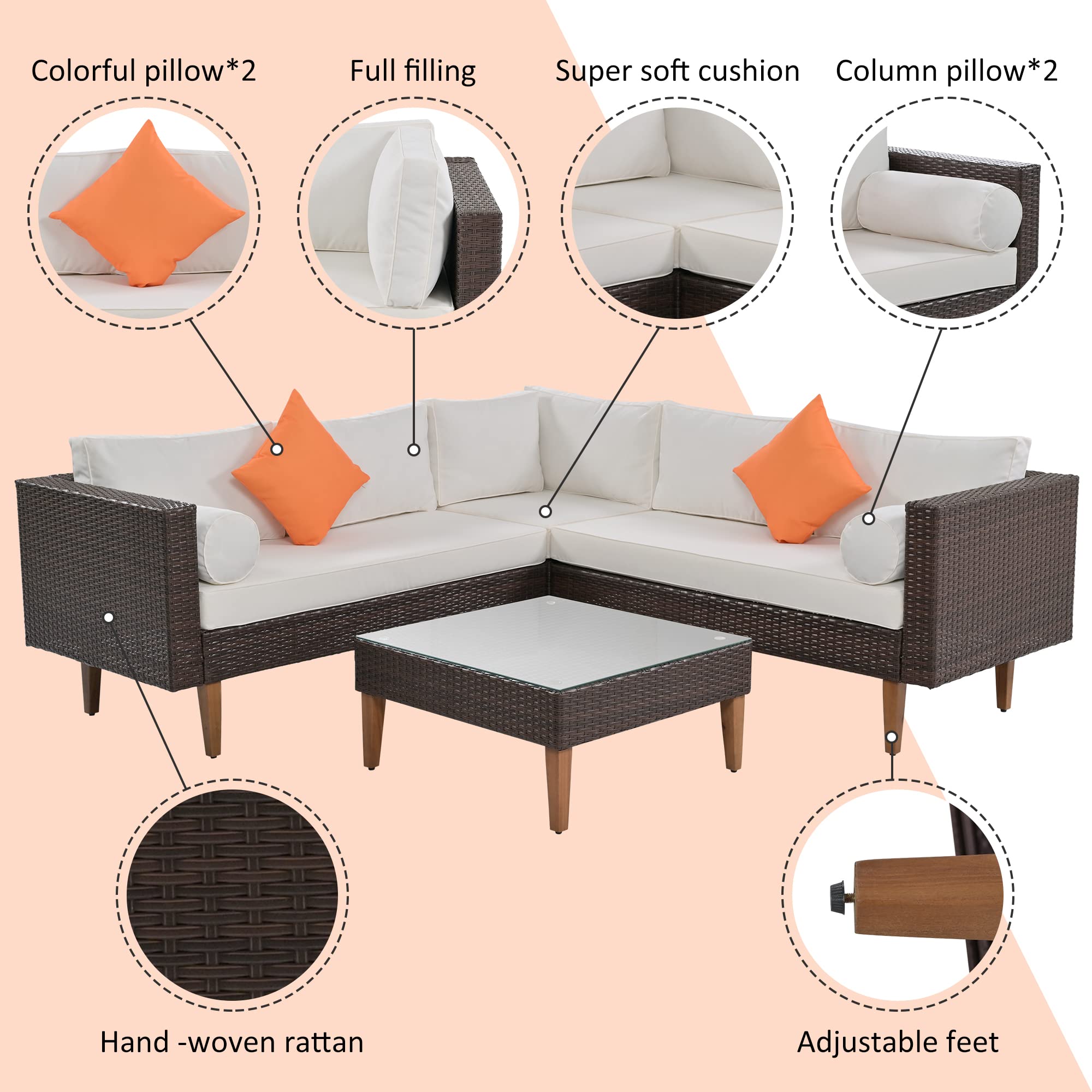 4-Pieces Outdoor Wicker Sofa Set, Patio Furniture with Colorful Pillows