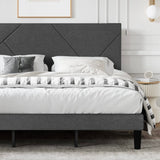 King Size Upholstered Bed Frame with Geometric Headboard, Heavy-Duty Platform Bed