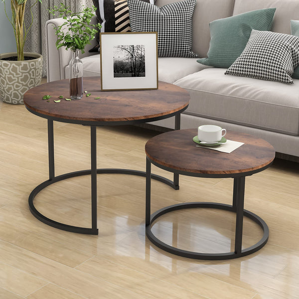 Industrial Round Coffee Table Set of 2 End Table for Living Room, Stacking Side Tables