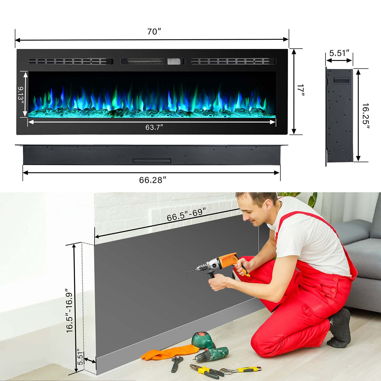 70 inches Electric Fireplace Inserts Electric Fireplace Wall Mounted