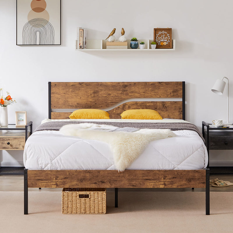 Platform Bed Frame Queen Size with Rustic Vintage Wood Headboard, Mattress Foundation