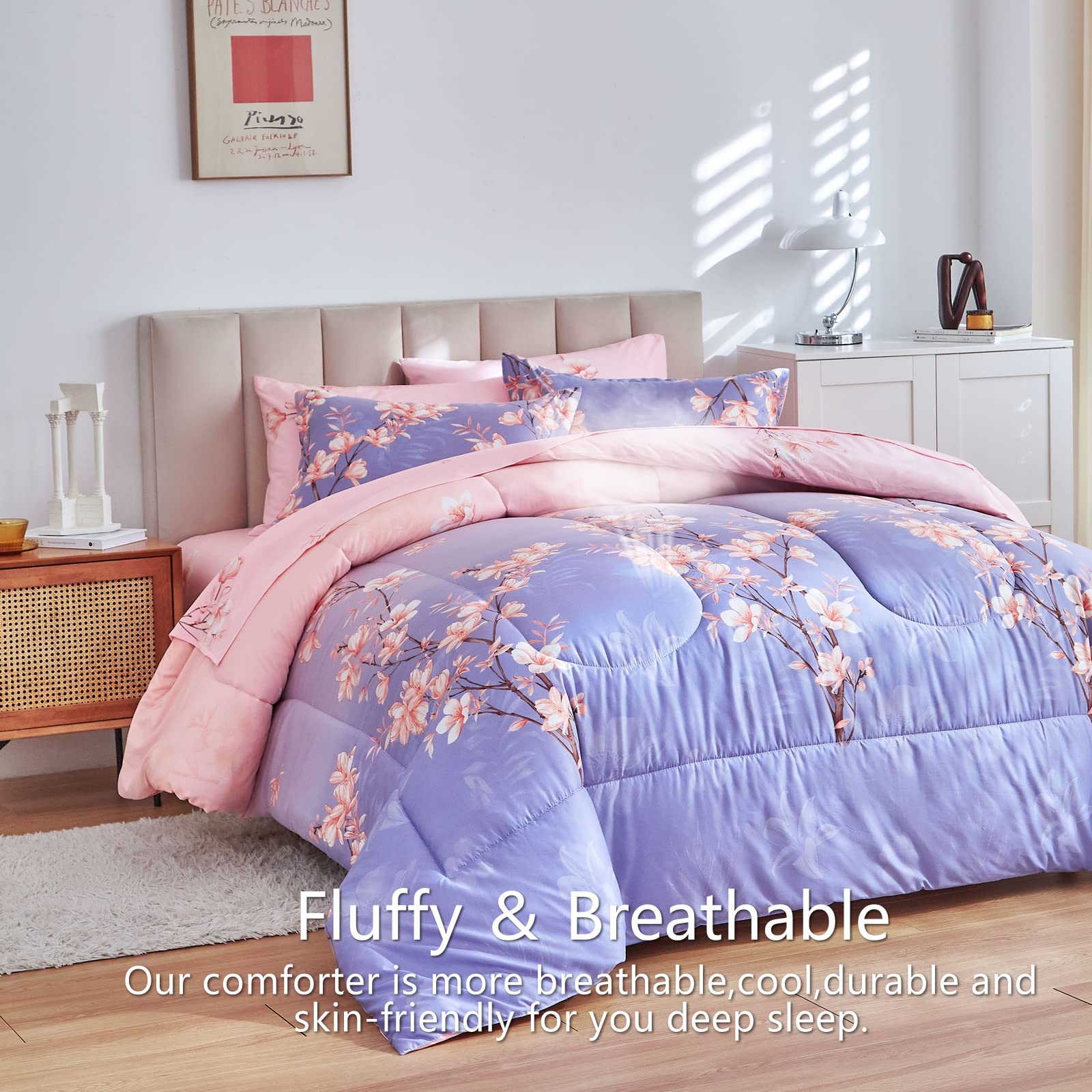 Pink and Light Purple Queen Comforter Set with Sheets, Bed in a Bag 7-Pieces