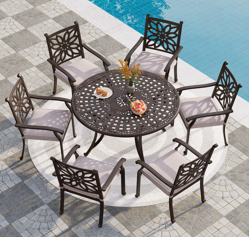 Cast Aluminum Round Patio Dining Tables for 6 Person, 54" Dia Engraved Cast-Top Aluminum Table