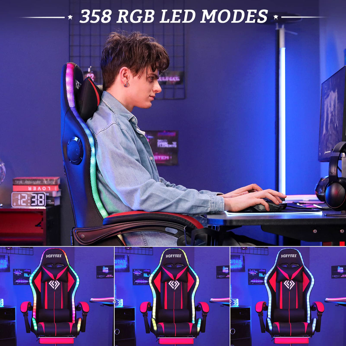 Gaming Chair with Bluetooth Speakers and LED Lights Ergonomic