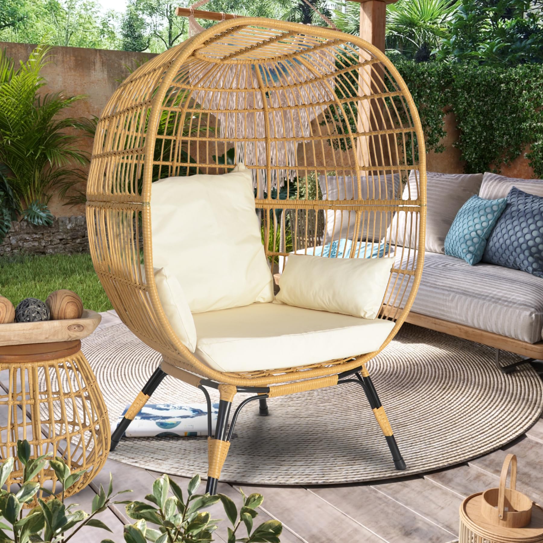 Egg Chair Oversized Indoor and Outdoor Wicker Furniture Lager Capacity Ivory Egg Chair