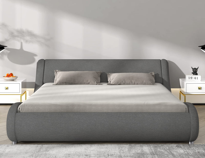 King Size Bed Frame Luxury Wave-Like Modern Upholstered Low Profile Platform Bed