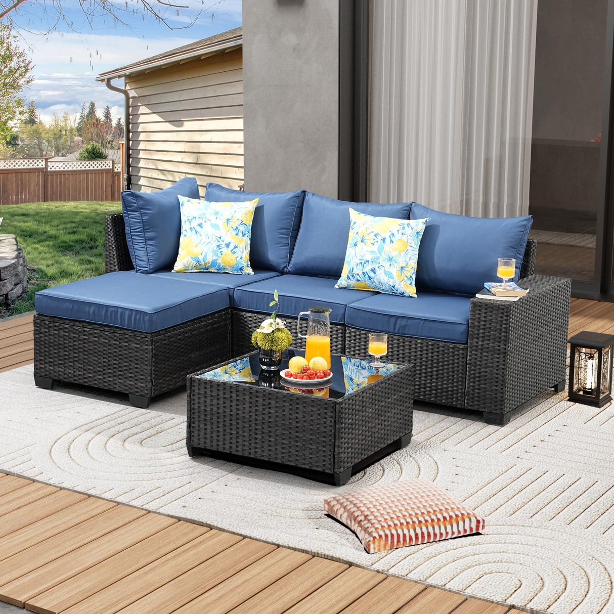 5 Pieces Patio Furniture Set All-Weather Outdoor Wicker Sectional Conversation Sofa