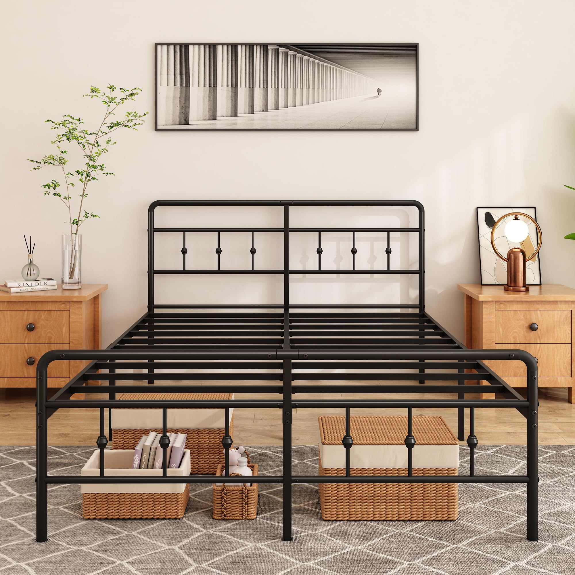 Queen Metal Bed Frame with Vintage Headboard and Footboard, Victorian Style Platform Bed Frame