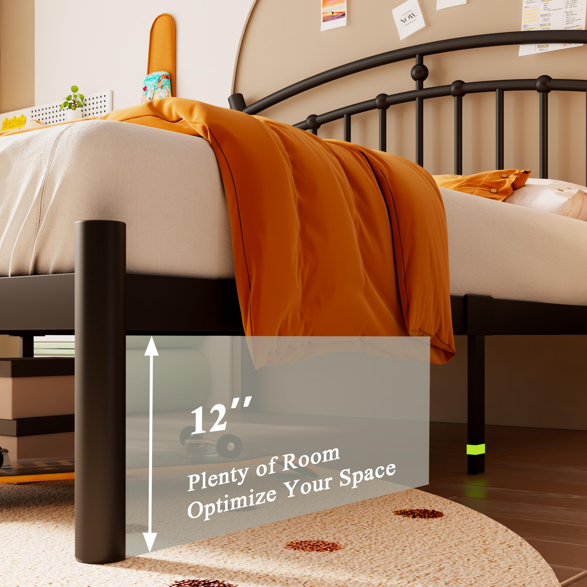 Twin Size Metal Platform Bed Frame with Retro Headboard, 12" Under-Bed Storage