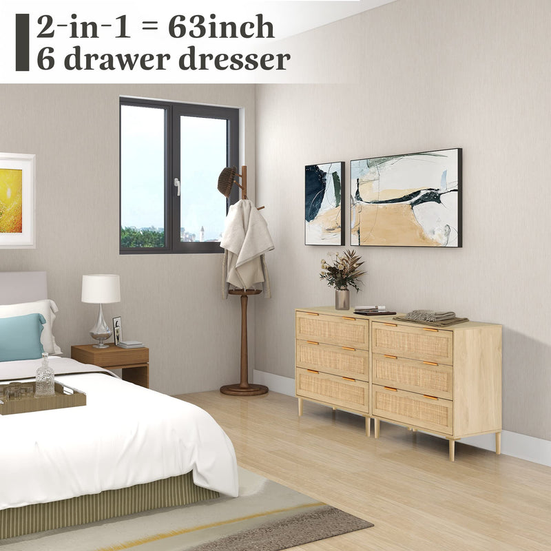 3 Drawer Dresser for Bedroom, Rattan Dresser Modern Closet Dressers Chest of Drawers