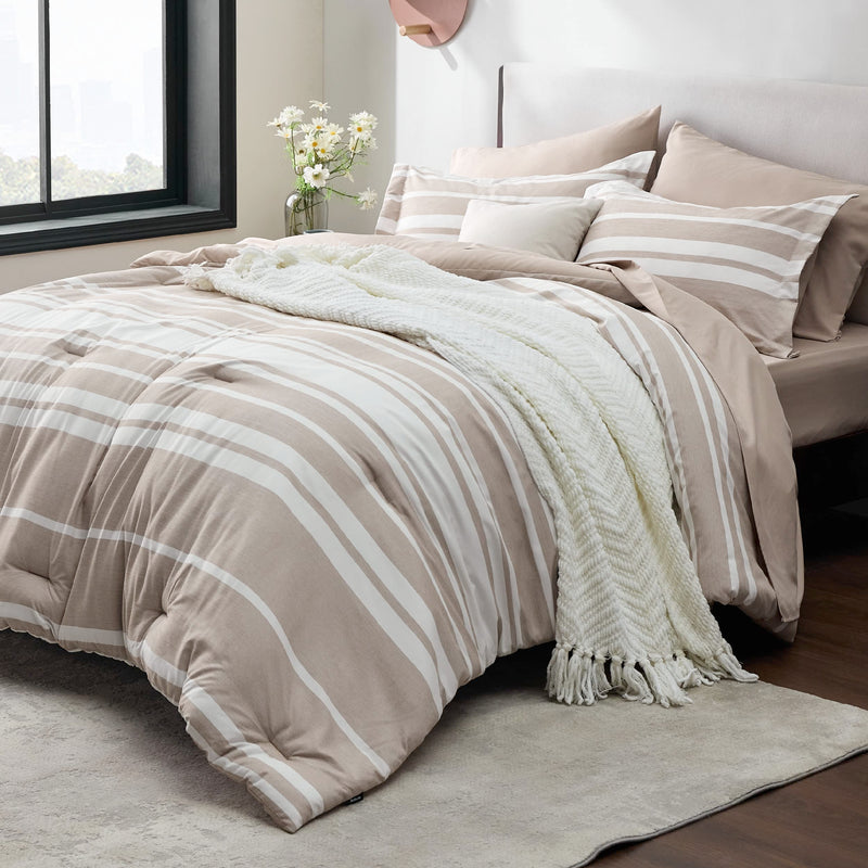 Bed in a Bag Twin Size 5 Pieces, Khaki White Striped Bedding Comforter Sets All Season Bed Set