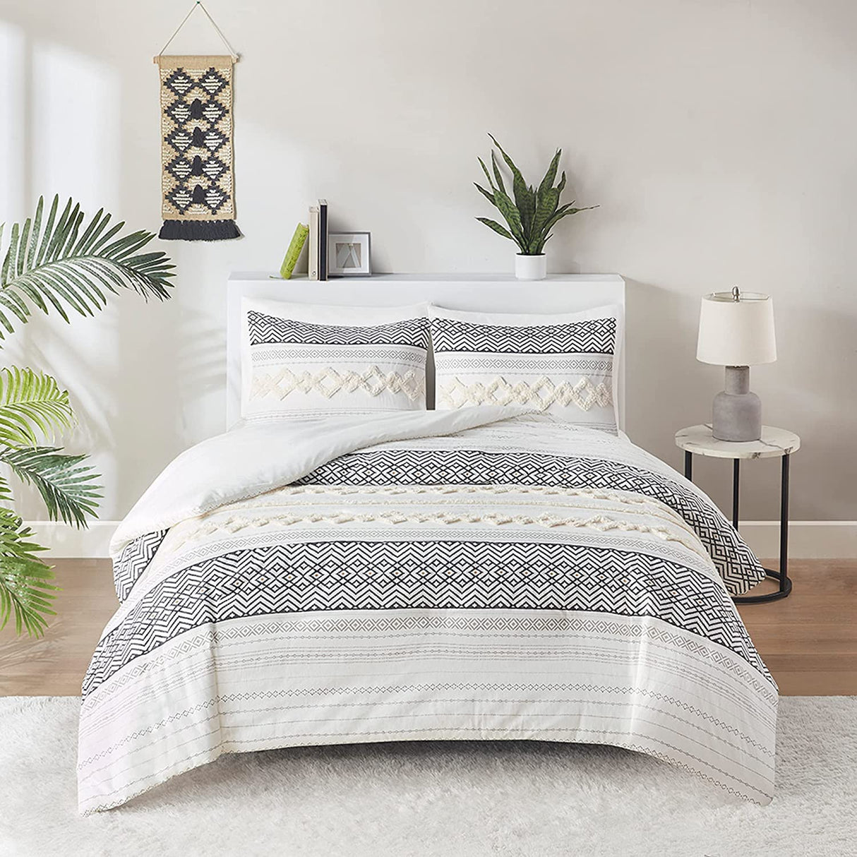 Farmhouse Bedding Comforter Sets King, Ivory Boho Bed Set,Cotton Top with Modern Neutral Style Clipped Jacquard Stripes