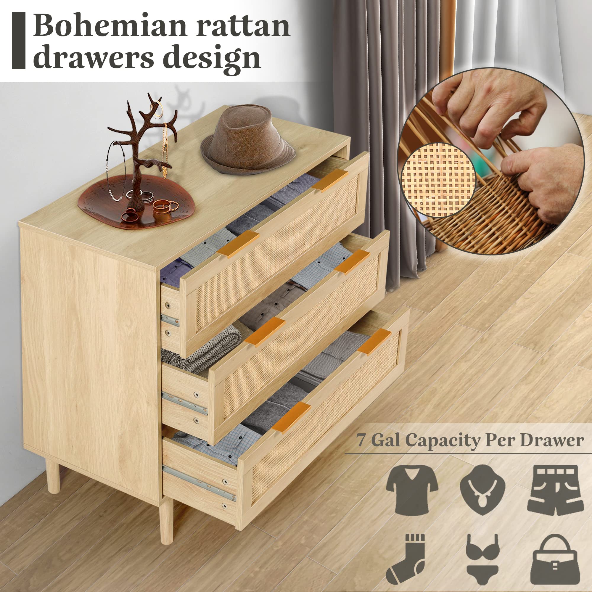 3 Drawer Dresser for Bedroom, Rattan Dresser Modern Closet Dressers Chest of Drawers