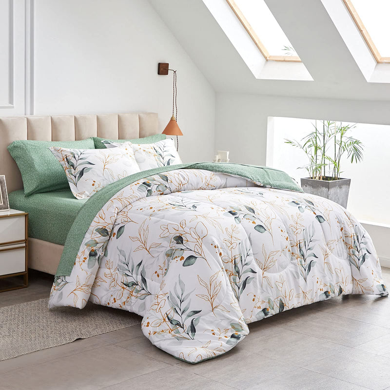 7 Piece Bed in a Bag Queen, Green Leaves Printed on White Botanical Design, Microfiber Set