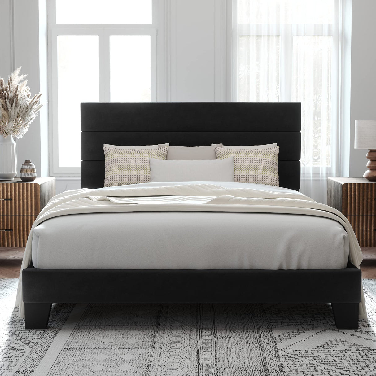 Queen Size Platform Bed Frame with Velvet Upholstered Headboard