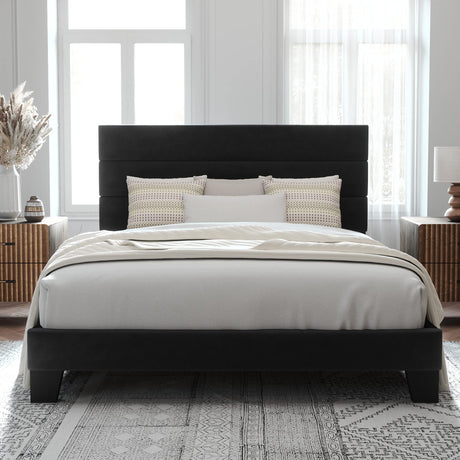 Queen Size Platform Bed Frame with Velvet Upholstered Headboard