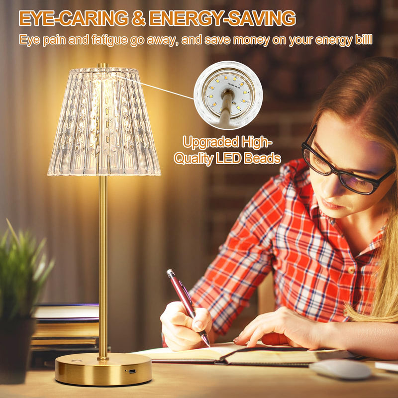 Touch Table Lamp, Stepless Dimming Crystal LED Lamp with 3 Modes, Rechargeable