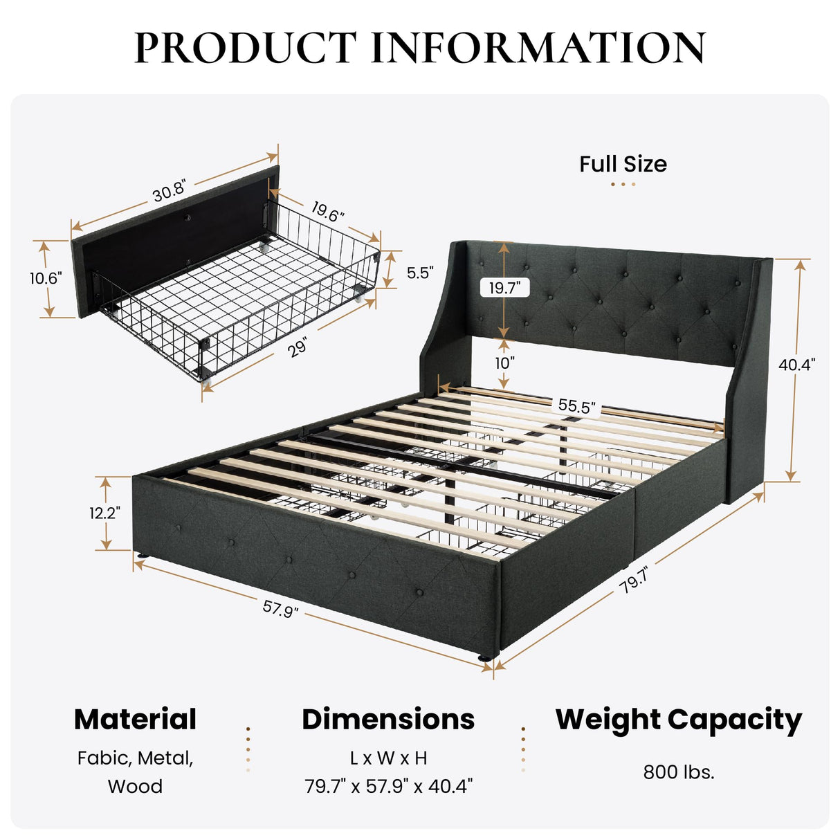 Queen Platform Upholstered Bed Frame with 4 Storage Drawers