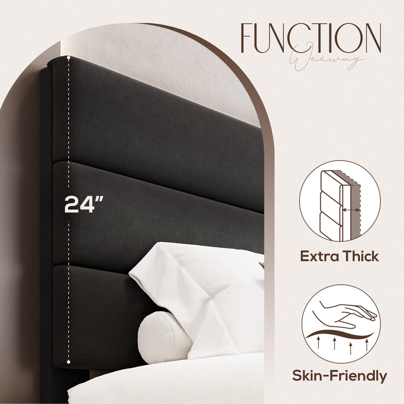 King Bed Frame Platform Bed with Velvet Upholstered Headboard and Wooden Slats Support