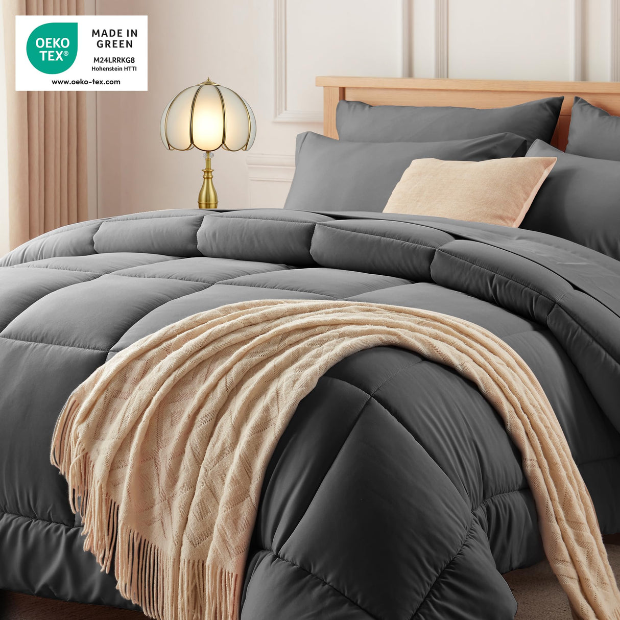 Queen Bed in a Bag - 7 Pieces Dark Grey Comforter Set, Lightweight All Season Ultra