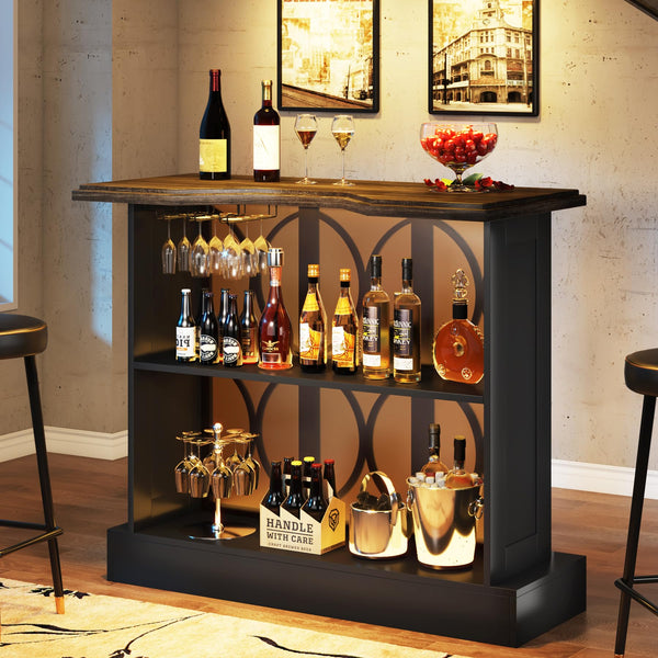 Home Bar Unit, Industrial Liquor Bar Table with Storage and Glasses Holder