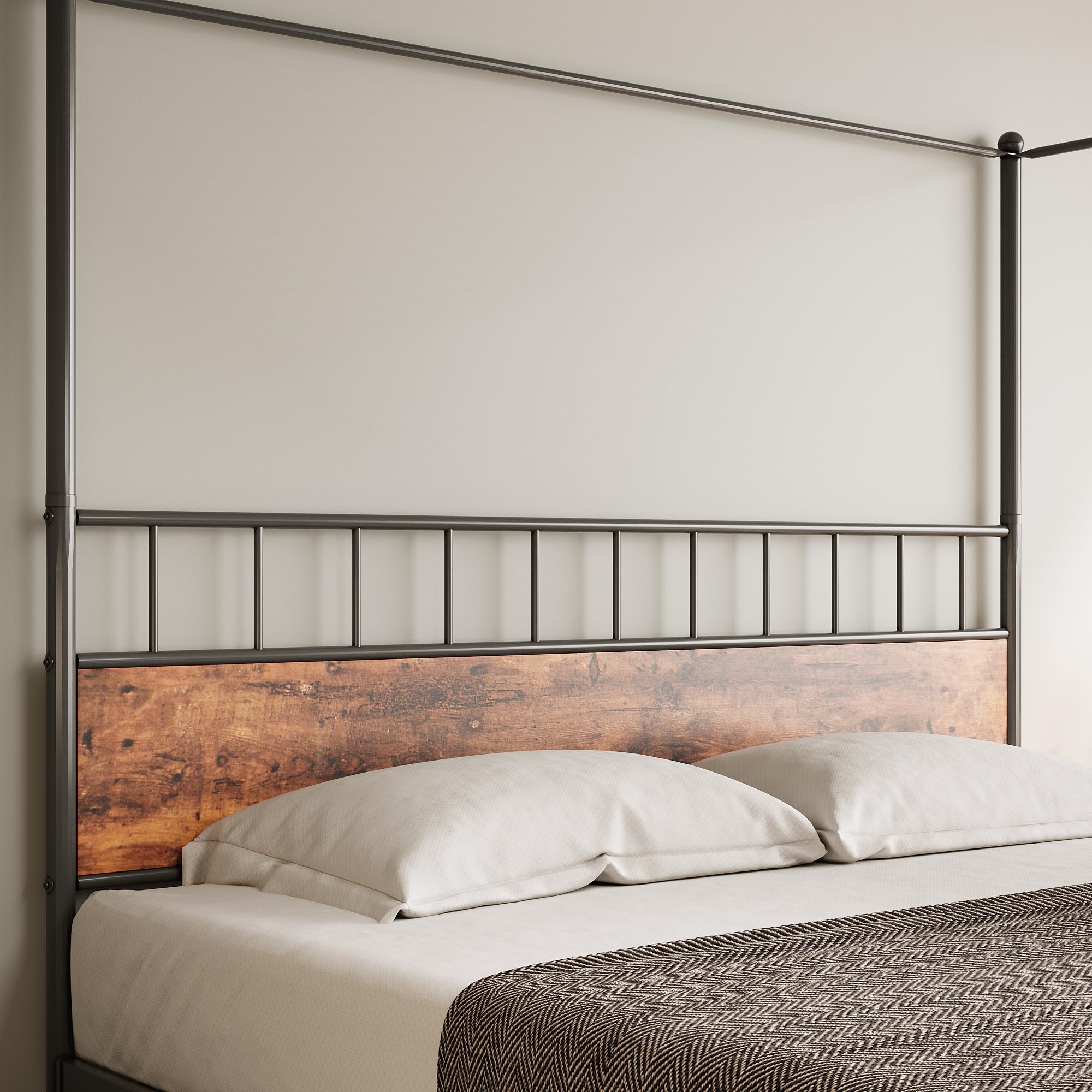 King Canopy Bed Frame with Wooden Headboard, King Size Bed Frame
