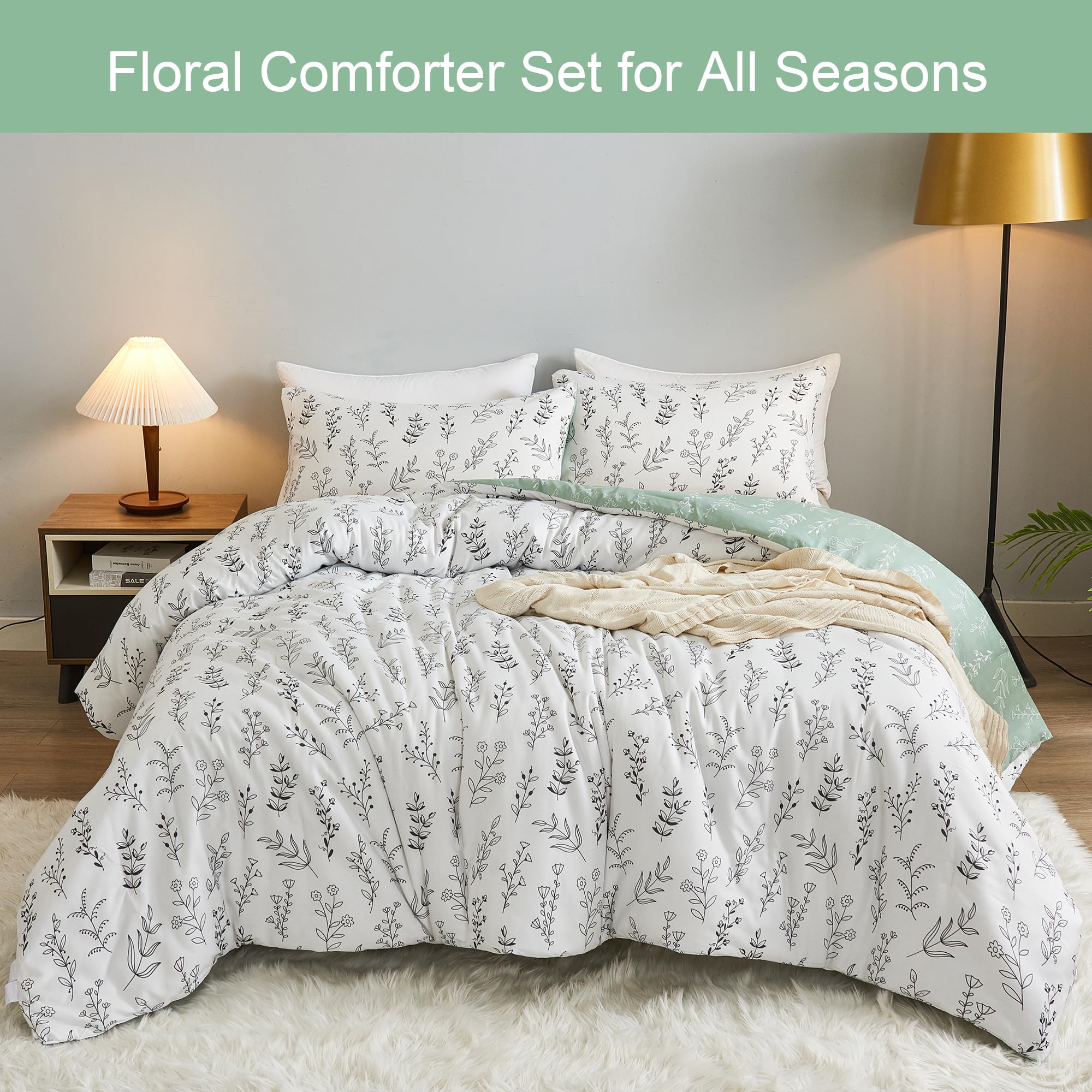 3 Pieces Reversible Cute Floral Bedding Comforter Sets Sage Green