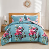 3 Piece Full Size Comforter Set Blue All Season Bedding Botanical Teal Floral