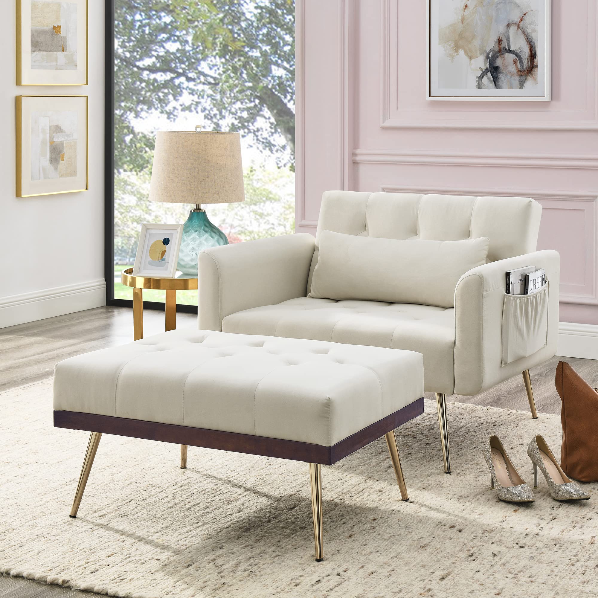 Velvet 2 in 1 Chaise Lounge Chair Indoor with Ottoman, Modern Sofa Bed